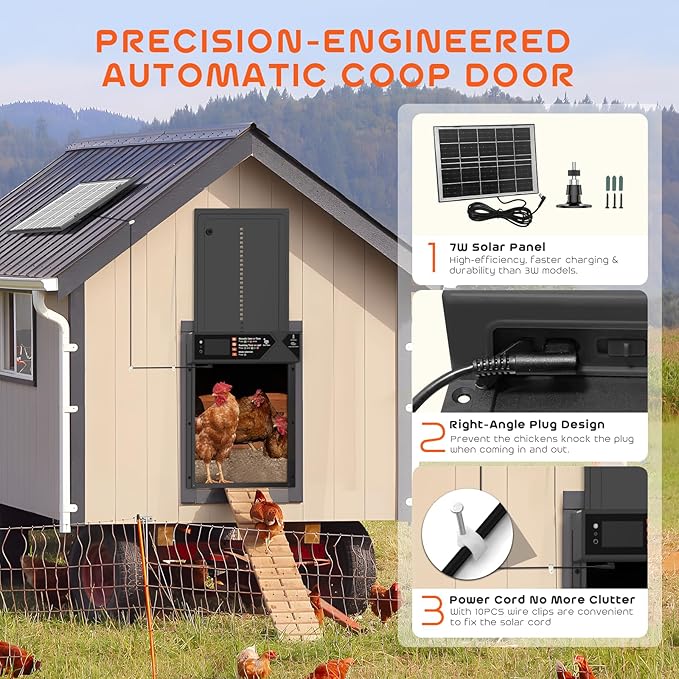 Large Automatic Chicken Coop Door, 4000mAh High Capacity Chicken Coop Door 7W Solar Powered with Timer & Light Sensor, Anti-Pinch Auto-Aluminum Chicken Door with Wire Clip & Remote Control-Black