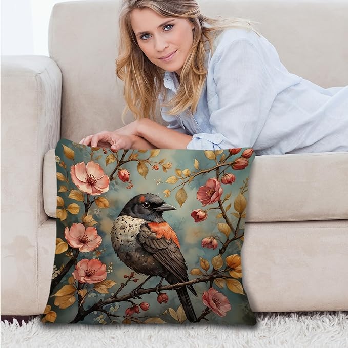 Vintage Floral Spring Bird Pillow Covers 18x18, Bird Decor for Home, Vintage Nature Cottagecore Floral Botanical Birds Throw Pillow Covers for Home Living Room Bedroom