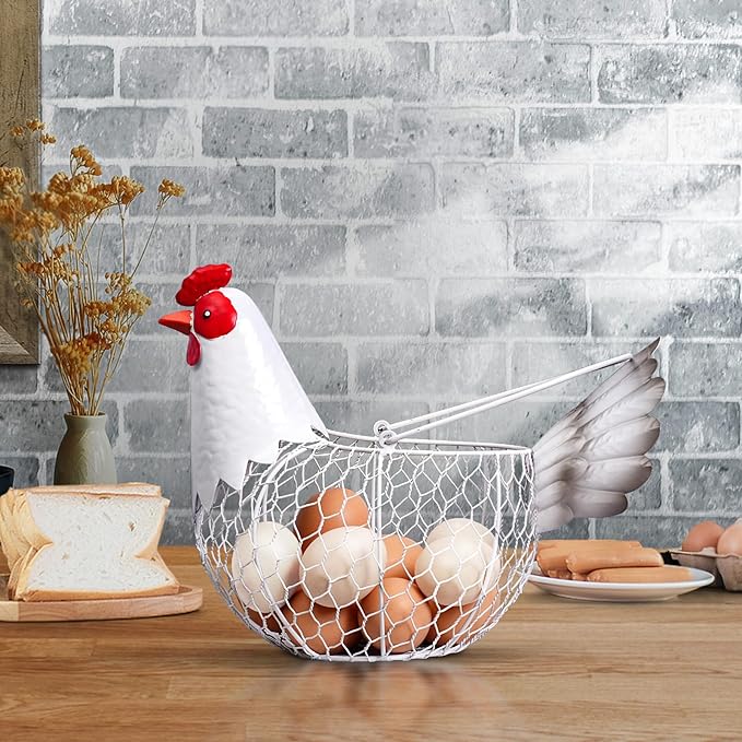 Farmhouse Rustic White Chicken Wire Metal Egg Basket With Handle,Vintage Rooster Decorative Chicken Shaped Fruit Basket Bowl for Kitchen Countertop Living Room Home Farm Table Decor