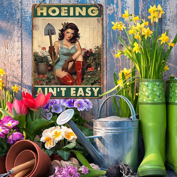 PEACHGARDEN Hoeing Ain't Easy Vintage Garden Signs for Outside Retro Rustic Aluminum Tin Poster Funny Gardening Gift for Women Outdoor Wall Art Decor for Plant & Gardening Lovers 12x16inch
