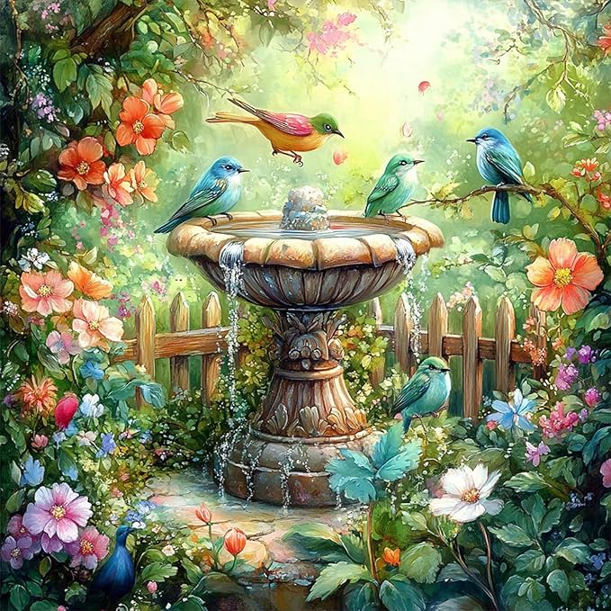 MAXBYE Garden Birds Diamonds Painting Kits for Adults, 5D DIY Diamond Art Kits for Beginners, Full Drill Diamonds Painting Kits for Home Wall Decor, Garden Fountains, 12x12 in