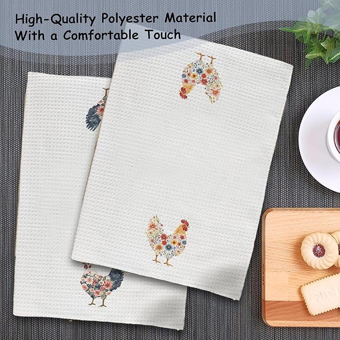 Floral Chicken Kitchen Towels, Chicken Lover Mom Lady Gifts Hand Towels for Bathroom Kitchen, Aesthetic Farm Animal Hens Decorative Dish Towels Drying Cloth, 16x24 Inch Set of 2