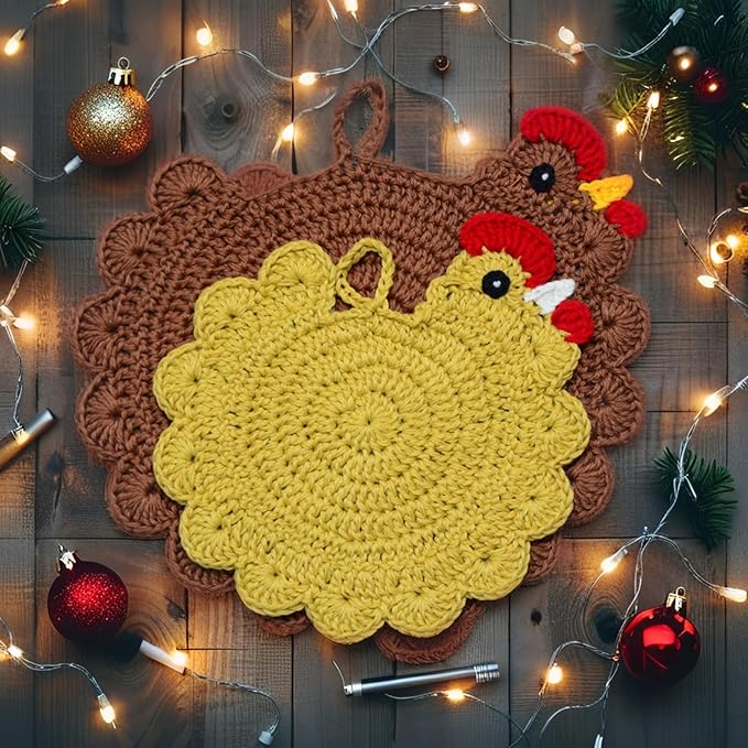 Handmade Crochet Chicken Trivets Set of 2, Chicken-Gifts, Valentine Gifts, Pot Holders, Heat Resistant Farmhouse Kitchen Home Decor, Cooking, Baking, Cute Desk Accessories, Tabletop Protection (2pcs)