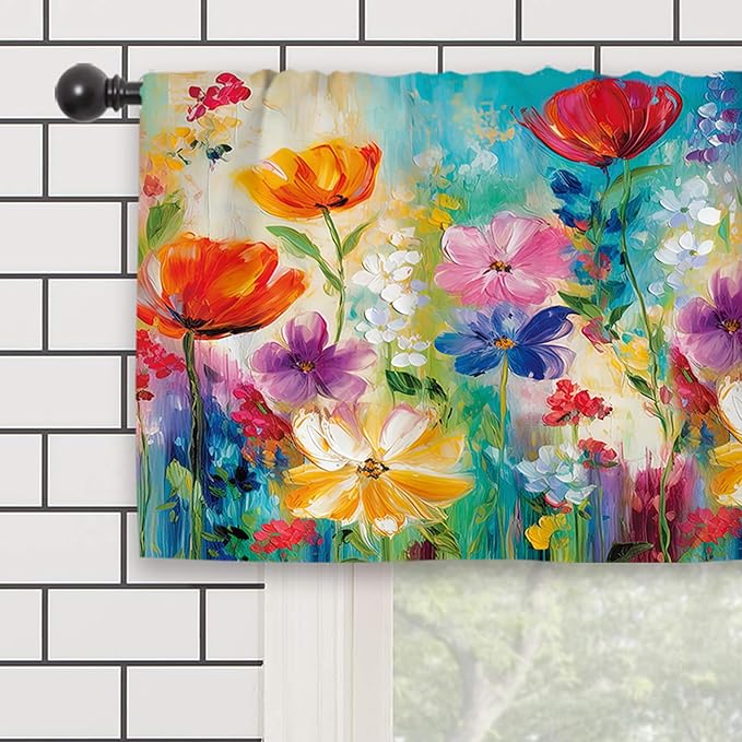 Colorful Flower Kitchen Curtain Valance 54W x 18L Inch Oil Painting Retro Vintage Wildflower Art Rod Pocket Short Cafe Small Window Treatment Drapes Decor