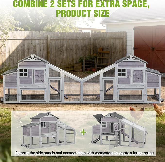 GUTINNEEN Chicken Coop with Wheels for 2-4 Chickens, Large Wooden Outdoor Hen House with Run, Waterproof & UV-Resistant Roof, Removable Leakproof Tray and Divided Nesting Box– Grey