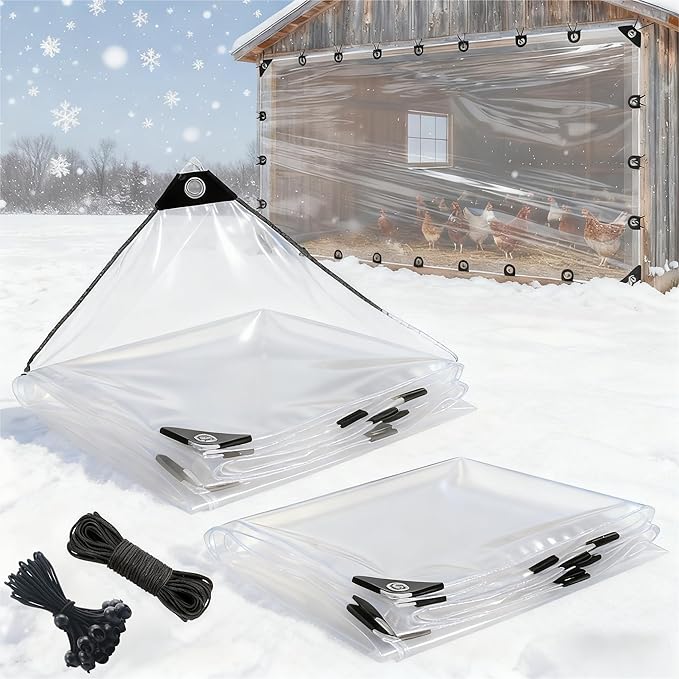 Clear Cover PVC for Poultry, Heavy Duty Vinyl Waterproof Chicken Coop Covers for Winter, Chicken Coop Winter Wrap with Elastic Cords & Grommets Windproof Transparent Coop Cover (8 × 10 ft)