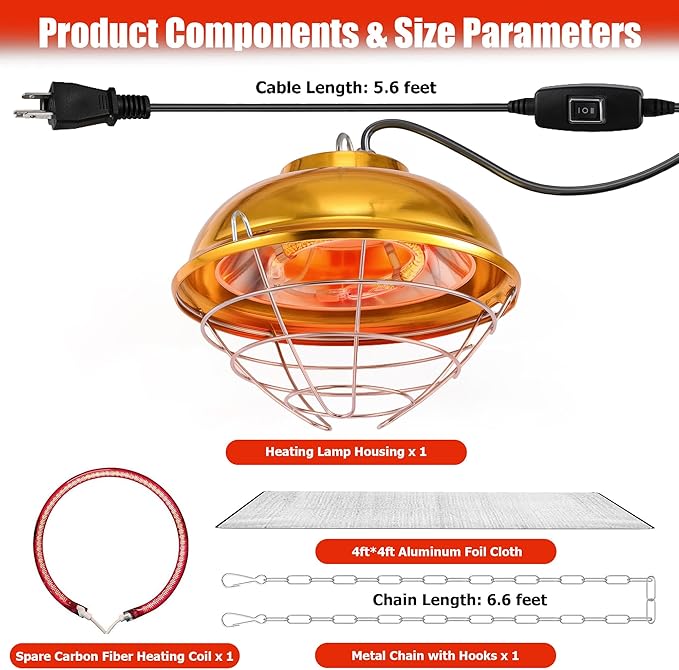 300W Chicken Coop Heater, Dual-Temperature Heat Lamp for Poultry with Carbon Fiber Heating, Aluminum Alloy Shade, 6.6FT Hanging Chain for Winter Chick Brooding and Adult Warmth