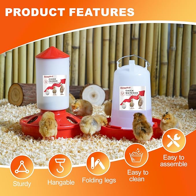 2-in-1 Chick Starter Set: 0.4 Gal Feeder and 0.4 Gal Waterer with Adjustable Legs for Baby Chicks, Includes Scoop, Hanging Hooks, Anti-Drown Design - BPA-Free Plastic (Red)