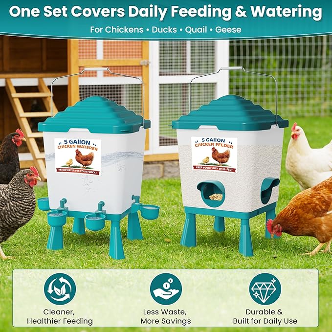 Chicken Feeder and Waterer Set, 5 Gallon Automatic Chicken Waterer with Cups, 40LB Large Chickens Feeders No Waste, Chicken Coop Accessories, Poultry Feeder & Chicken Watering System for Ducks, Quails