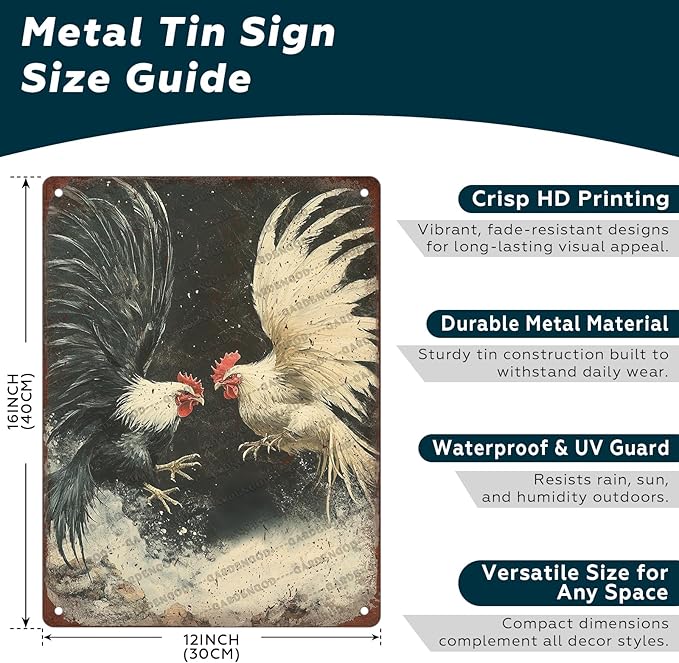 Vintage Metal Sign Farm Rooster Fighting Cock Cockfighting Gamecock Retro Game Fowl Metal Poster Home Garden Garage Farmhouse Aluminium Sign Art Wall Decor Plaque 16x12 Inch