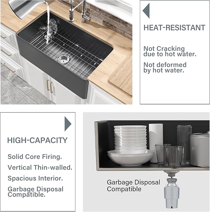 Black Farmhouse Sink 30 x 18 Inch, Firecaly Apron Front Undermount Farm Sink, Heavy Duty Single Bowl, with Accessories 2 Types, Matte Black, for Kitchen