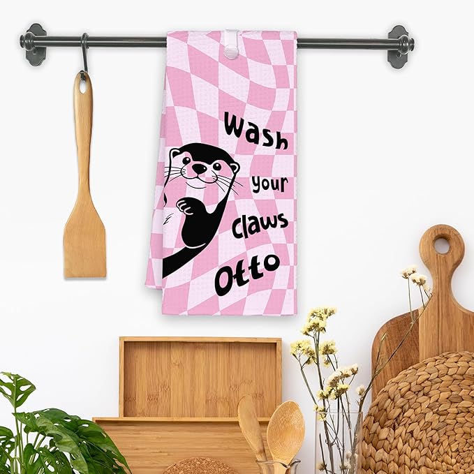 Cute Otter Pink Bathroom Kitchen Towels, Wash Your Claws Hand Towel for Girly Teens Room, Funny Gifts for Otter Lovers, Trendy Preppy Checkered Dish Towels Decor for Dorm Home 16x24in