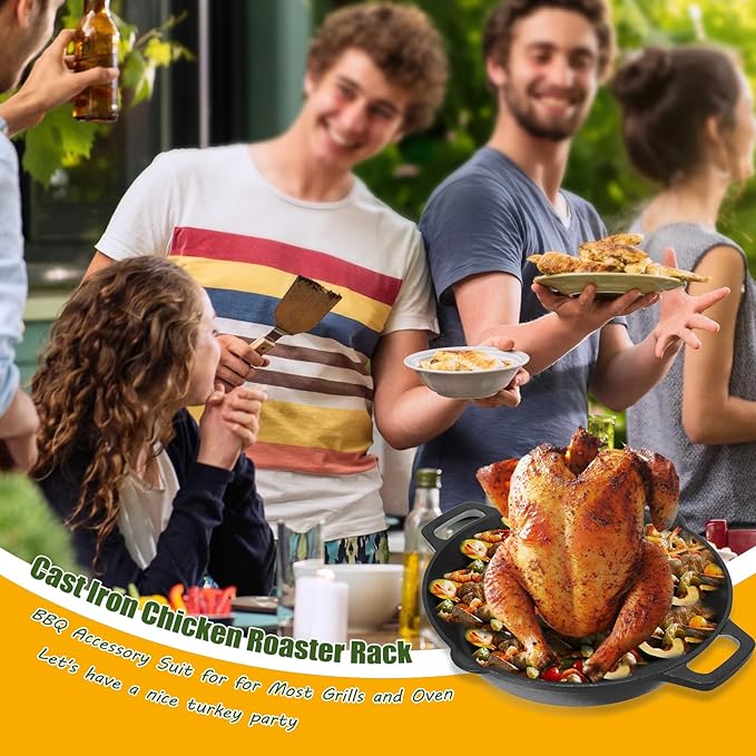 Cast Iron Chicken Roaster, Vertical Beer Can Chicken Holder with Drip Pan, Pre-Seasoned Poultry Roaster for Grill, Cast Iron Roast Turkey Stand, Roasting Pan & BBQ Grilling Accessories