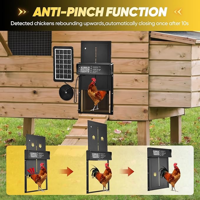 Automatic Chicken Coop Door Solar Powered, Automatic Chicken Door with Timer, Light Sensor, 4 Modes and LCD Display, Aluminum Alloy Auto Chicken Door, Anti-Pinch & Weather Proof