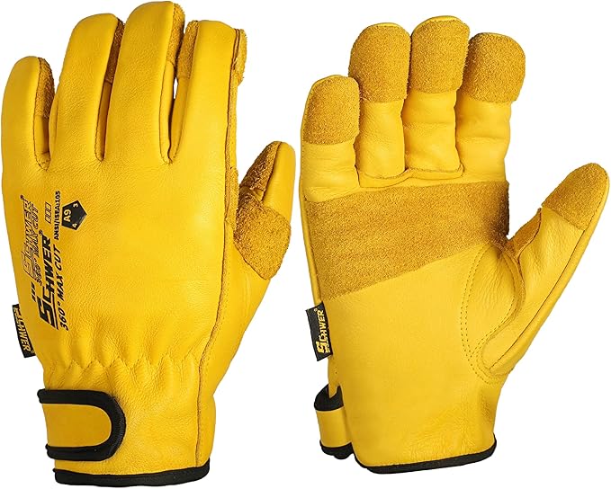 Schwer ANSI A9 Cut Resistant Leather Work Gloves, PM3401 Cut Proof Gloves, Reinforced Fingertips & Palm Cowhide Work Gloves for Construction, Welding, Metalwork, Woodwork & Outdoor Gardening Work, L