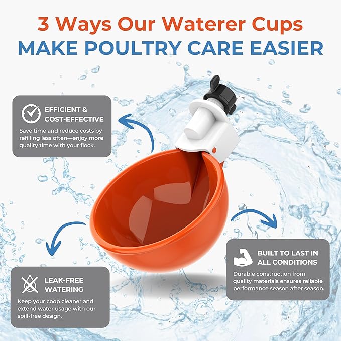 Lil'Clucker Large Automatic Chicken Waterer Cups | Chicken Water Feeder Suitable for Chicks, Duck, Goose, Turkey and Bunny | Poultry Water Feeder Kit (Orange, 5-Pack)