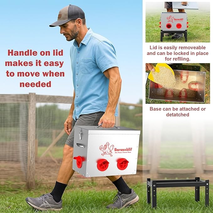 40 LB Large Automatic Chicken Feeder, 6 Port Metal Chicken Feeders, No-Waste Poultry Feeder with Adjustable Legs & Locking Lid, Weatherproof Large Chicken Feeder for Inside Chicken Coops