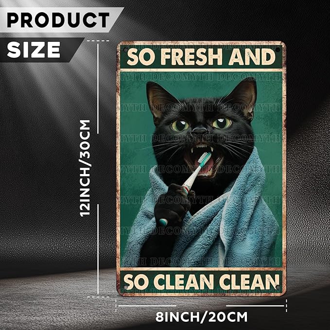 Vintage Black Cat Tin Sign So Fresh And So Clean Clean Retro Wall Decor Decorations for Home Funny Cats Lovers Poster Indoor Store Cafe Toilet Bathroom Restroom Bar Pubs Farmhouse 12 * 8inch