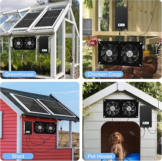 Solar 2 Fan Kit with 66.6 Wh Battery Backup, 50W Solar Panel Powered Rechargeable Weatherproof Fans for Chicken Coop, Greenhouse & Shed