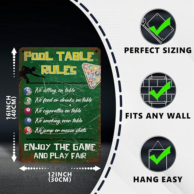 Retro Pool Table Rules Tin Sign Vintage Metal Poster Nostalgic Wall Art Bar Pub Man cave Shop Living Room Bedroom Game Room 16 * 12 In