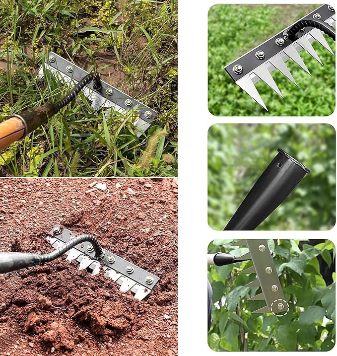 Gardenia Iron Weeding Rake, Hand Weeder Puller Tool, Manual Heavy-Duty Weed Rakes with Detachable Blade, 8 Teeth Manganese Steel Forged Weeder for Vegetable Gardening Backyard Farm Planting