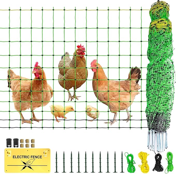 Poultry Netting Electric Fence, 47.5" H x 164' L, Portable Livestock Nets Mesh for Chickens, Ducks, Geese, Turkey, Electric Fencing for Backyards, Homesteaders, Farms, Ranches, Gardens