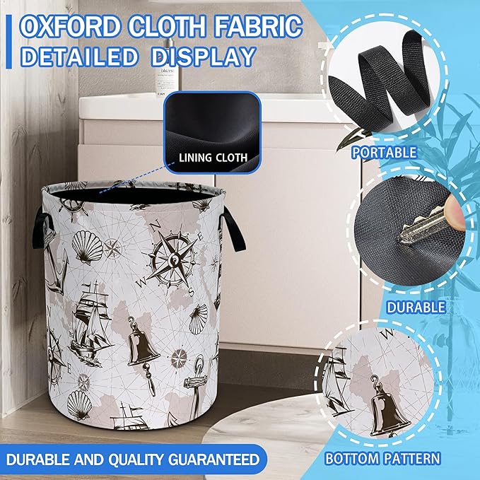 Compass Anchor Sailboat Nautical Laundry Basket Oxford Cloth Laundry Hamper With Handle Foldable Portable Clothes Storage Basket 18.9 X 16.5 Storage Bag For Laundry Room/Bathroom/Bedroom/Dormitories