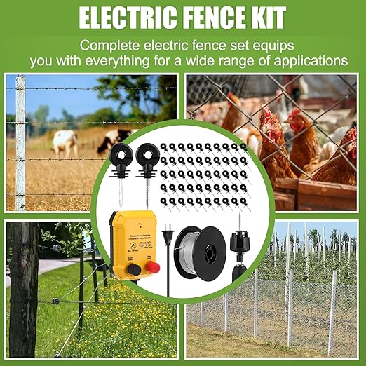 Electric Fence for Preventing Animals Intruding 2 Mile 110VAC 0.35 Joule Electric Plug in Fence, 50 Black Insulator and 1 Socket Tool 250ft Aluminum Wire for Animals and Keep Out Predators