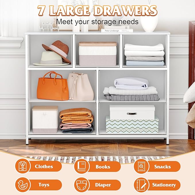 WelFurGeer 7-Drawer Fabric Dresser with Metal Frame, Dressers & Chests of Drawers, White Chest of Drawers for Bedroom, Hallway, Entryway, Closets, Kids Room Organization, White