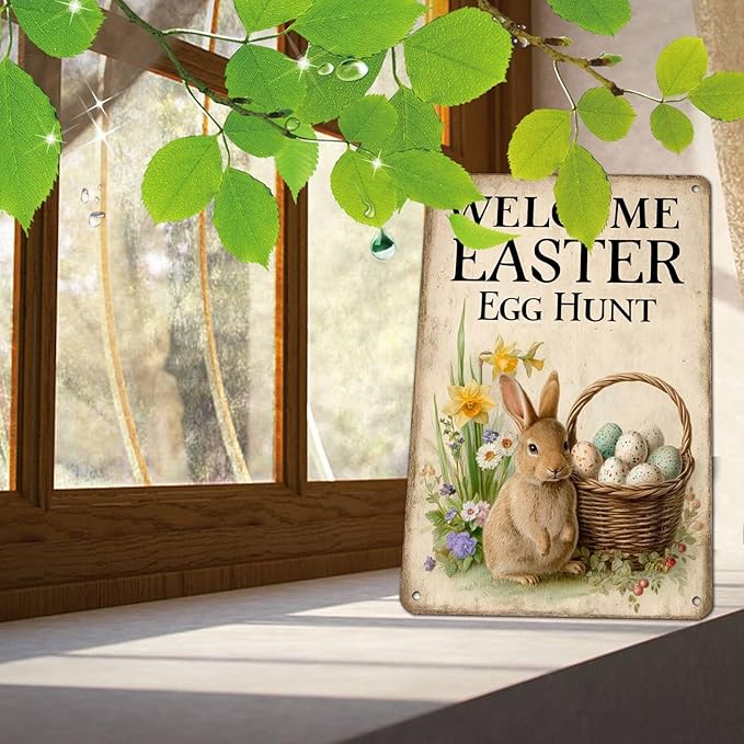 Easter Bunny Vintage Tin Sign Welcome To Our Egg Hunt Metal Sign Suitable For Gardens, Homes, Apartment Walls 8X12Inch