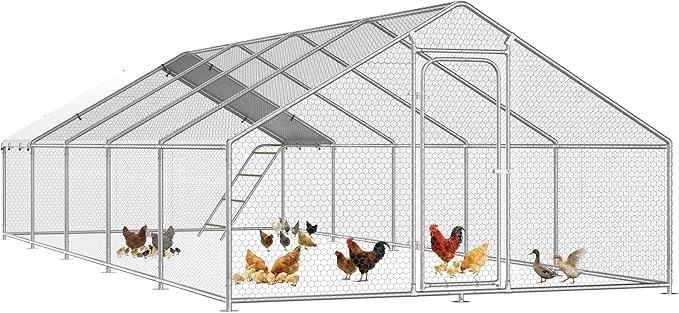Large Metal Chicken Coop with Roosting Perch, Waterproof and UV Protection Cover, Chicken Run Outdoor Walk-in Cage Chicken Rabbit Duck Hen House, Spire Roof (10'W x 32.8'L x 6.4'H)