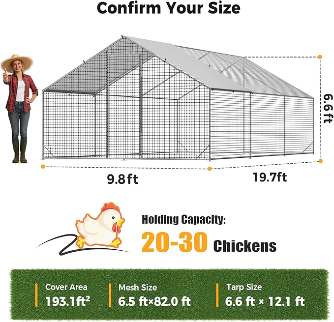 Metal Chicken Coop with Run, 19.7x9.8x6.6ft, Walk-in Chicken Run for Yard with Cover, Upgrade Double Lock & Rust-Proof Mesh, Stainless Steel Ties, Easy Assembly, Chicken Pen for Ducks, Rabbits