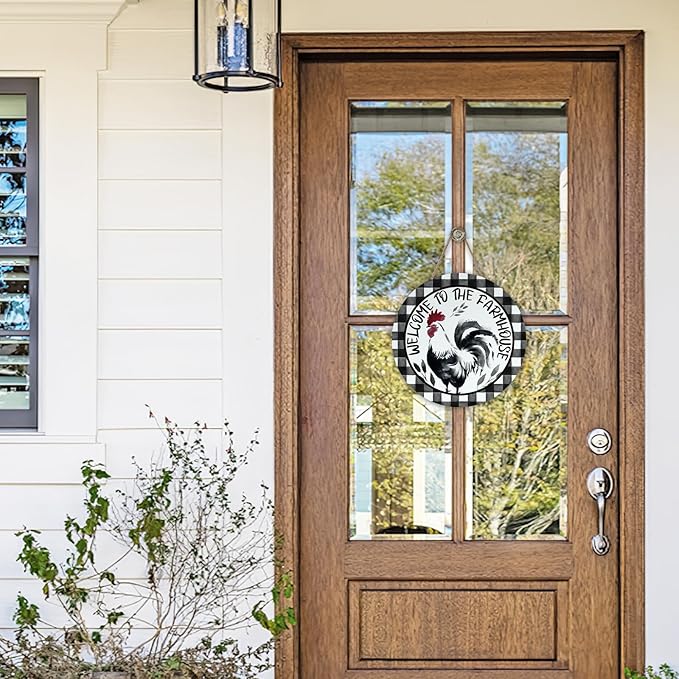 Welcome to The Farmhouse Rooster Front Door Sign, Watercolor Farm Chicken Buffalo Plaid Wood Hanger Outdoor Porch Home Decor, Rustic Country Wooden Wreath Indoor Wall Hanging Decoration