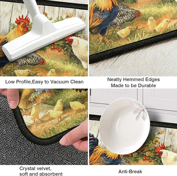 Roszwtit Rooster Kitchen Rug, Farmhouse Kitchen Rugs and Mats Set of 2, Kitchen Sets Low-Profile Washable Floor Mat for Home Kitchen Decor - 17x29 and 17x47 Inch