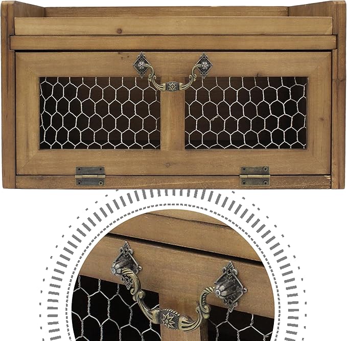 Farmhouse Countertop Storage Organizer, Rustic Wood Kitchen Cabinet with Chicken Wire, Kitchen Pantry Display Shelf, Country Vintage Style. Distress Brown