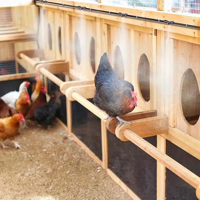 Pre-Assembled Chicken Coop Misting System for Cooling - Leak-Resistant Mist Hose Kit for Summer Poultry Heat Relief, Included 26ft Line, 3/4" Adapter, 7 Brass Nozzles, Filter Gasket Accessories