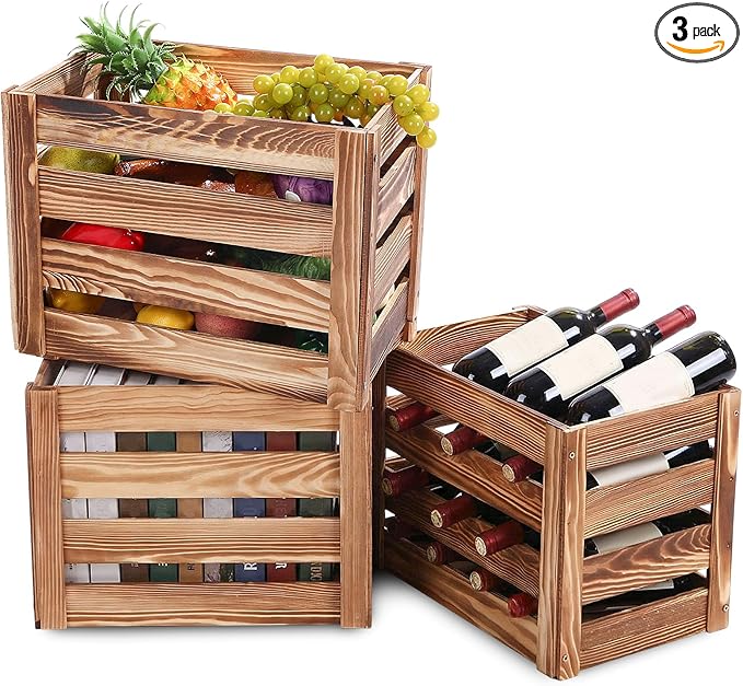 Ripeng 3 Pack Wooden Large Crates Storage Crate Decorative Wood Crates Wooden Storage Container with Handles for Display Decor 15.75 x 11.8 x 10.24 inches