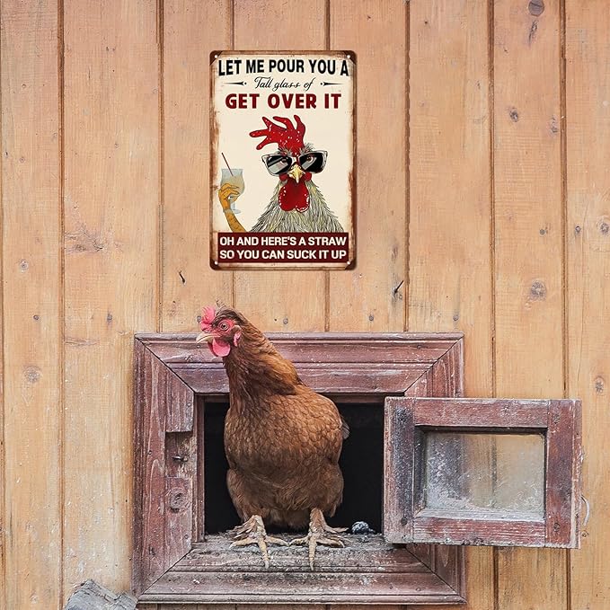 Get Over It Oh Metal Sign - Humorous Chicken Coop Decor - 8x12 Inch