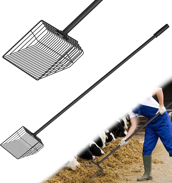 Chicken Poop Scooper for Sand, Extra Large Sifting Shovel with 3-Height Adjustable Handle, Chicken Coop Scoop for Quick Cleaning, Coop Scoop for Poultry Litter, Goat & Horse Poop Scooper, Black