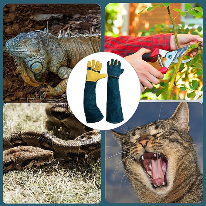 Animal Handling Gloves Bite Resistant, 23.6'' Anti Scratch Gloves for Cats, Bite Proof Leather Pet Glove for Grabbing Cat Reptile Puppy Bird Poultry or Gardening Welding (Reinforced Palm)