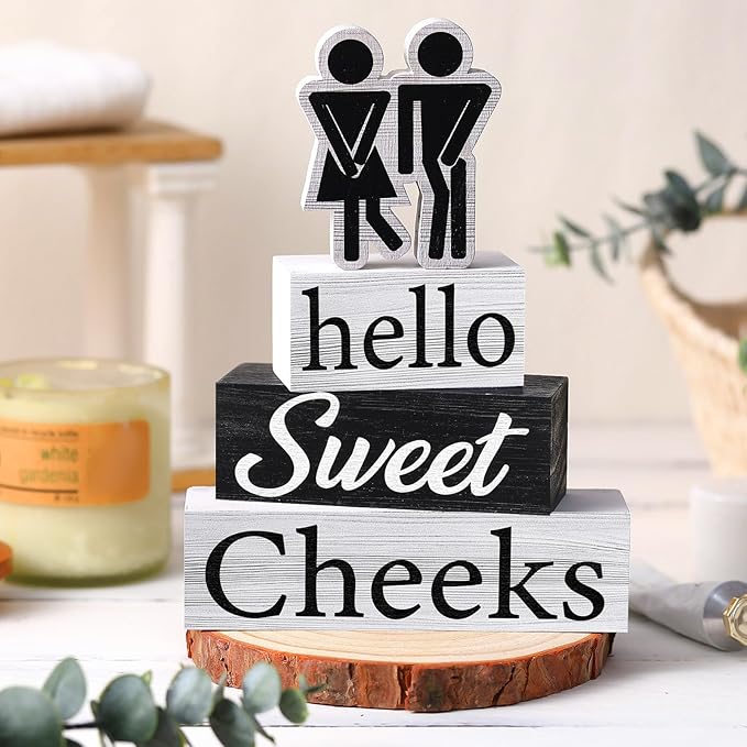 Jetec 4 Pcs Bathroom Shelf Decor Signs Hello Sweet Cheeks Wooden Sign Rustic Toilet Restroom Tabletop Decoration Funny Bathroom Decor for Farmhouse Apartment Shelves Toilet Restroom Home Tabletop Desk
