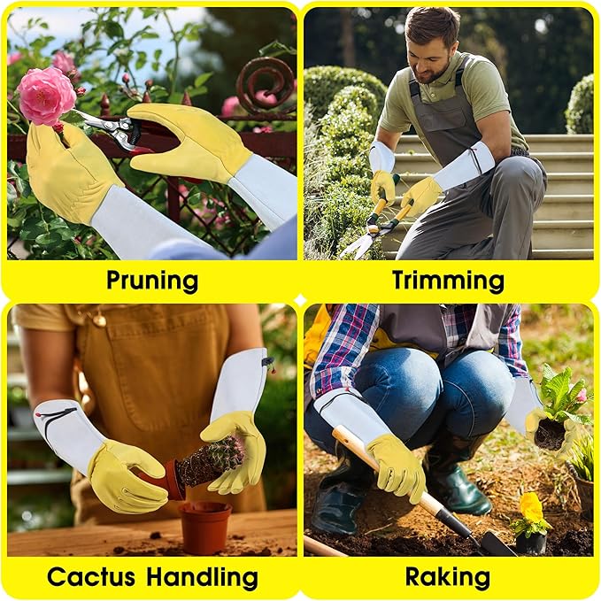 HANDLANDY Rose Pruning Gardening Gloves for Men Women, Thorn Proof Forearm Protection Leather Garden Gloves, Gardening Gifts for Gardeners (Golden Yellow, Medium)