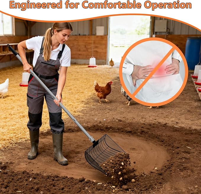 Chicken Poop Scooper & Rake, Stainless Steel Coop Scoop for Sand, Litter Sifting Shovel for Chickens, Adjustable Length 27" to 64"