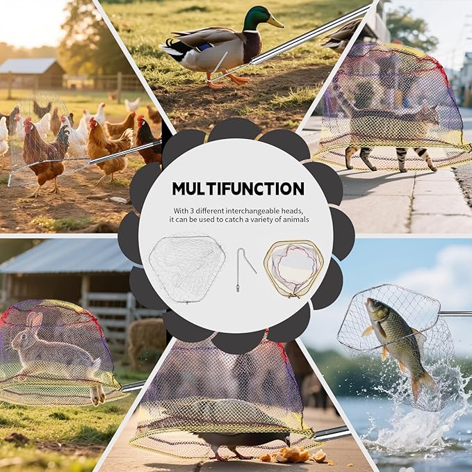 Chicken Net Catcher 3 in 1 Kit,Adjustable from 33" to 79" Chicken Net with 2 Folding Fish Nets & Chicken Leg Hook.Suitable for Catching Chicken,Fish,Birds,Cats,Poultry and Animals（15.3" x 23.2" Net）