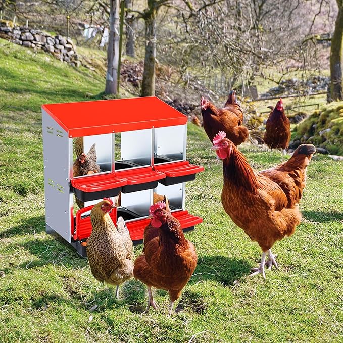 6 Compartment Metal Chicken Nesting Box, Automatic Roll-Out Egg Collection, Waterproof Galvanized Steel Laying Box, for Hens Ducks Rabbits, Red