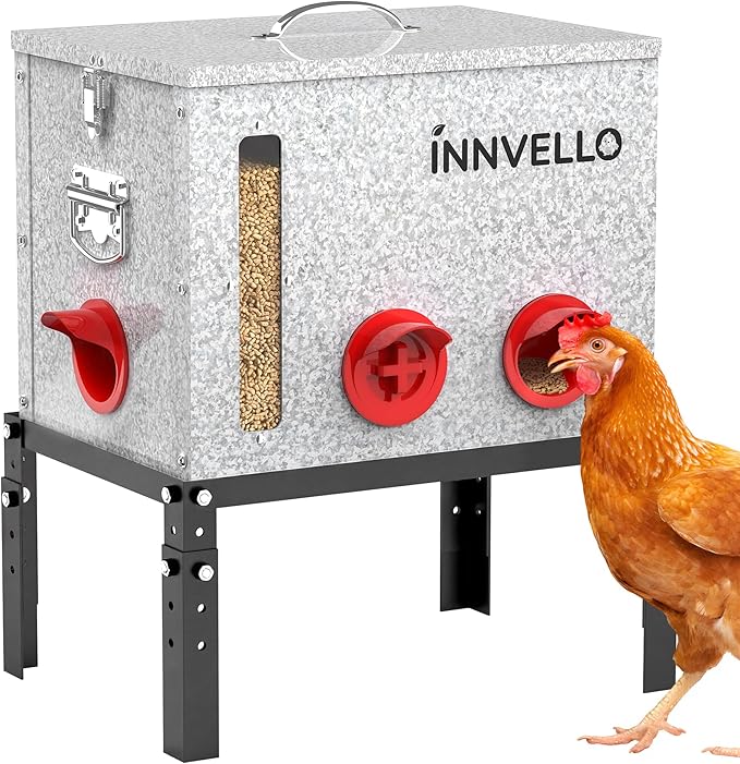 40LB Metal Chicken Feeder for Outdoor Coop, Galvanized Automatic Poultry Feeder with 6 Ports, Double Viewing Windows, Weatherproof Large Chicken Feed Container with Lid & Legs