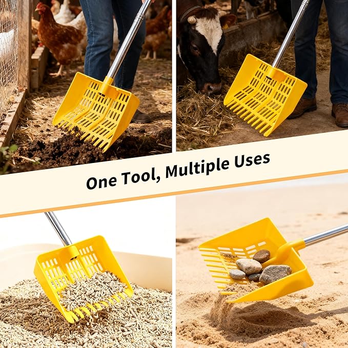 2-in-1 Chicken Poop Scooper & Rake – Adjustable Stainless Steel Handle, Lightweight Plastic Coop Scoop for Cleaning Chicken Coops, Sand, Litter – Chicken Coop Accessories for Backyard Farms