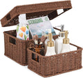 Wicker Storage Basket with Lid - Woven Basket for Storage,Rectangular Decorative Boxes Bins with Lids for Shelves,living room, Nursery, 2 baskets+1 lid(Dark Brown)