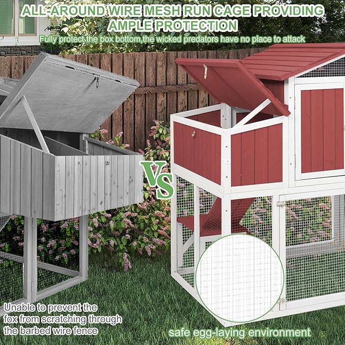 56.03" L 2-Story Chicken Coop with Run,Fir Wood Chicken House Hen House with 2 Large Nesting Boxes,Expandable Poultry Cage for 2-4 Chicken with 4 Perching Bars,Pull-Out Tray,Ramps,RED