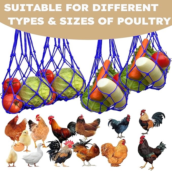 Chicken Vegetable Fruit Hanging Feeder 4Pcs, Reusable String Bag with Hook for Chicken Coop Toys, Poultry Feeding Tool for Hens,Duck,Goose (Blue)